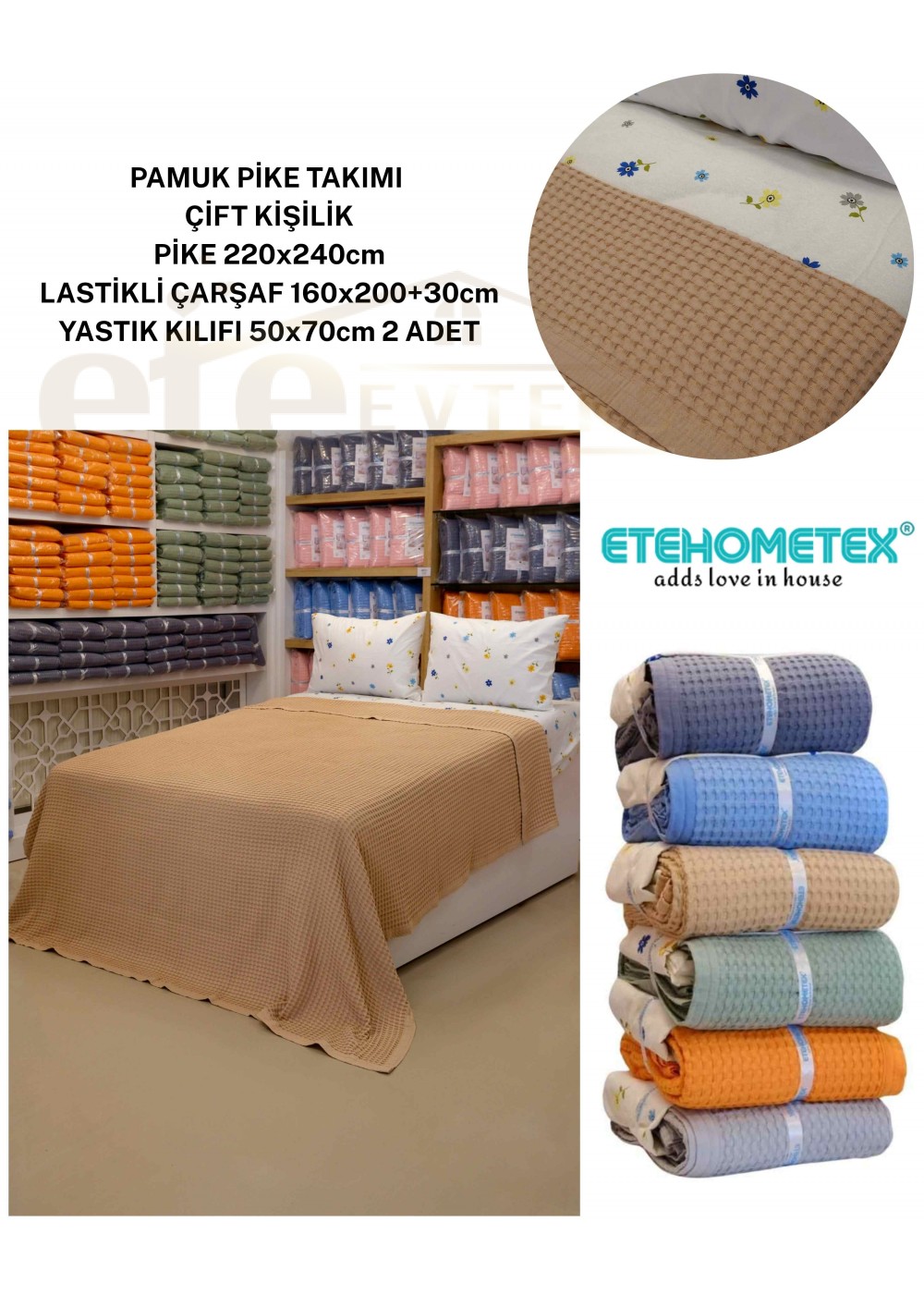 ETEHOMETEX ÇİFT KİŞİLİK %100 PAMUK HAVUZLU PİKE TAKIMI BEJ 8696474232071